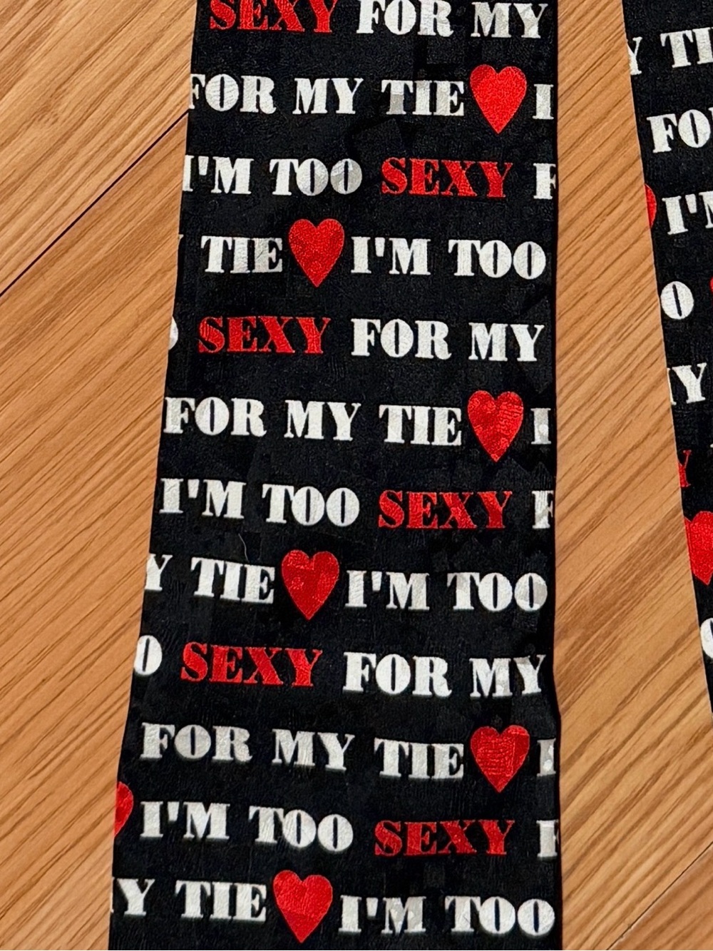 Novelty Black Men's Tie - "I'm Too Sexy" Red & White Heart Print